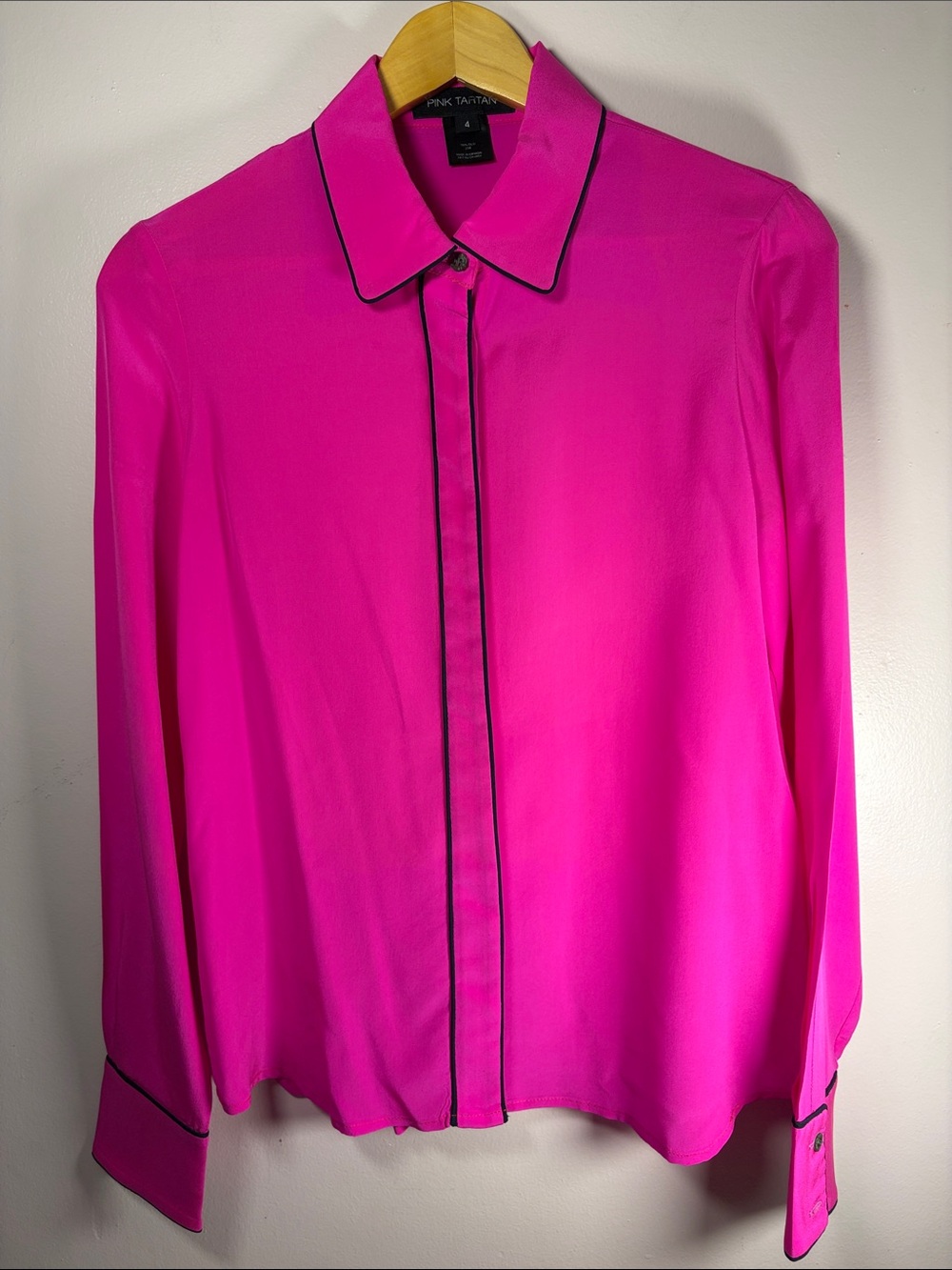 Vintage Pink Tartan Hot Pink Silk Button-Down Blouse with Black Piping